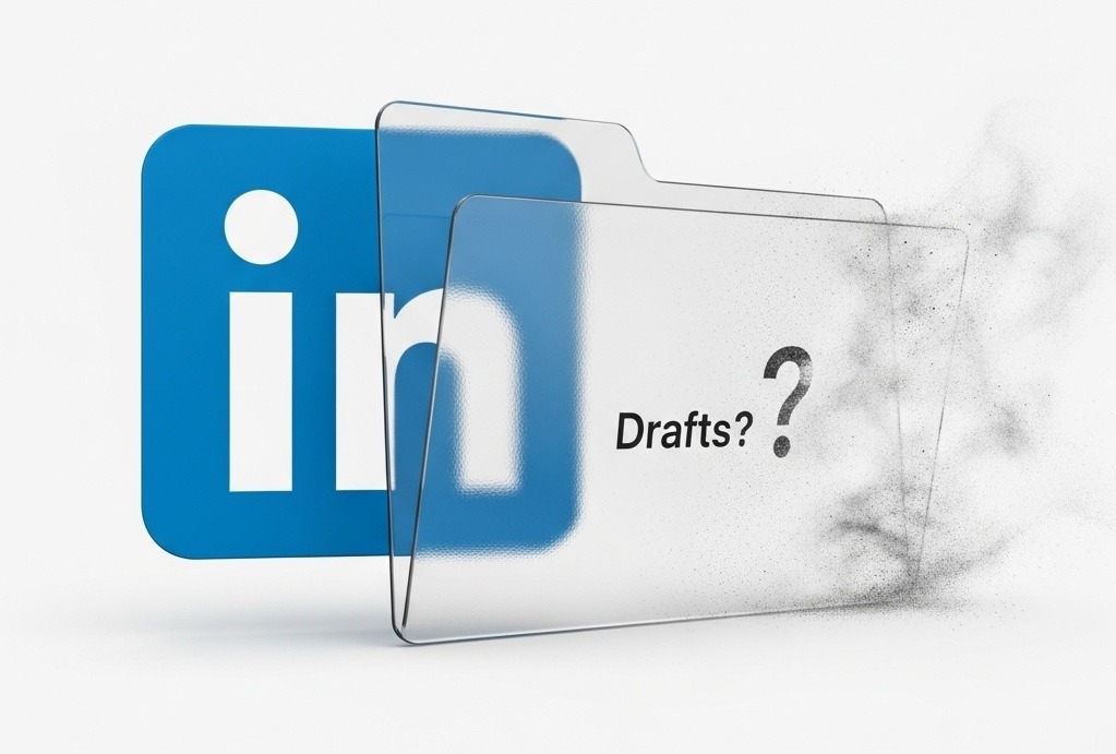 A stylized LinkedIn behind a transparent, empty folder labeled "Drafts?", dissolving into dust